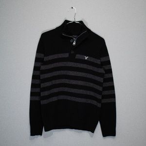 AE Black Striped Pullover Mockneck Knit Sweater